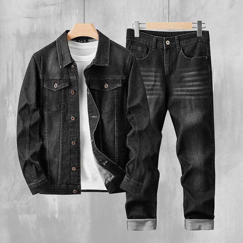 黑色男士牛仔套装男夹克外套秋装男装一套搭配帅气简约百搭裤子潮