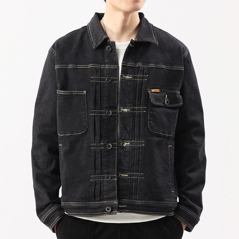 春秋季高端牛仔外套男士潮牌工装休闲夹克男款深蓝色男生牛仔衣服