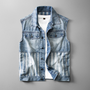 休闲复古蓝色背心坎肩2023年春秋季 马夹潮牌 工装 印花牛仔马甲男士