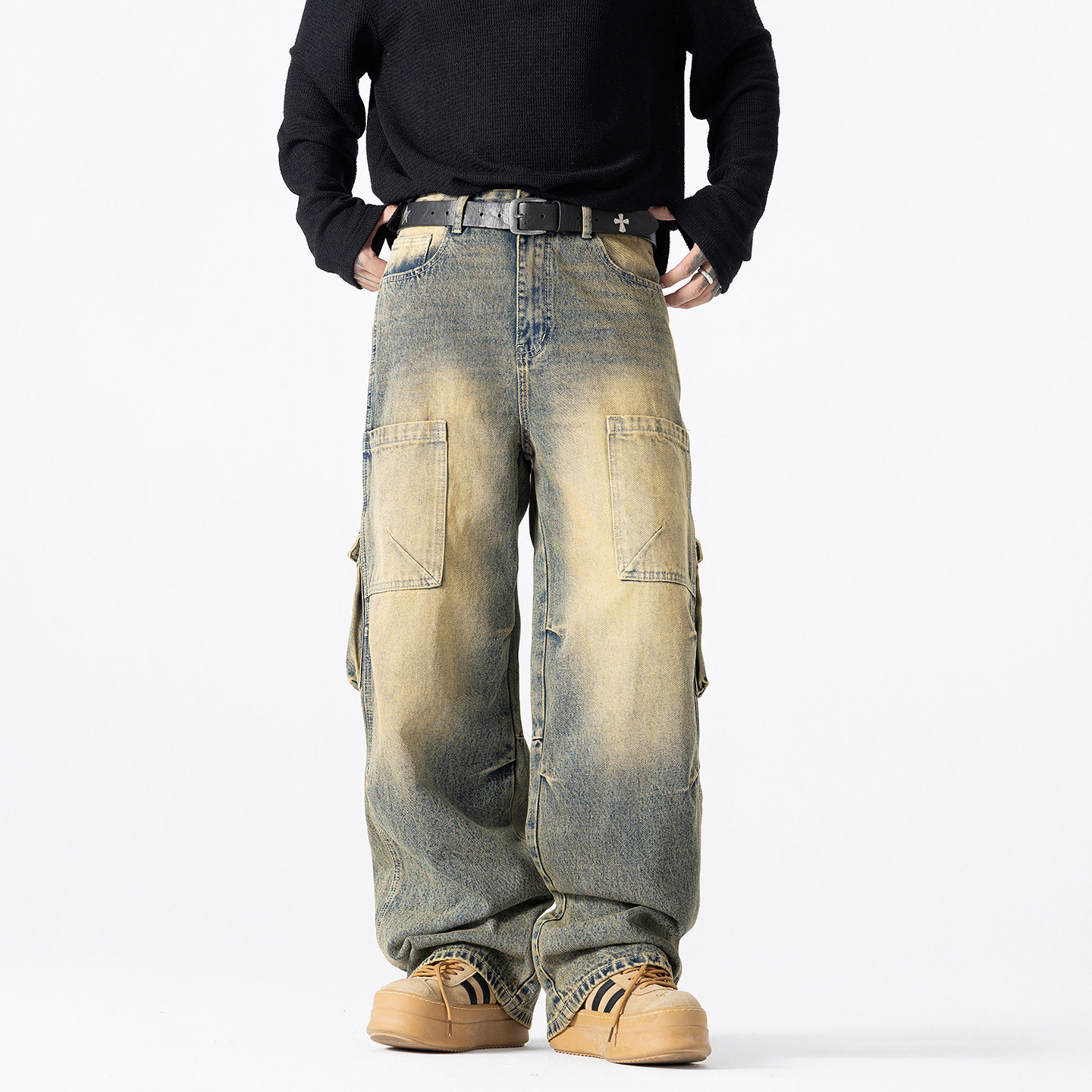 高端潮牌日系复古做旧工装牛仔裤男春秋季宽松直筒阔腿休闲长裤子