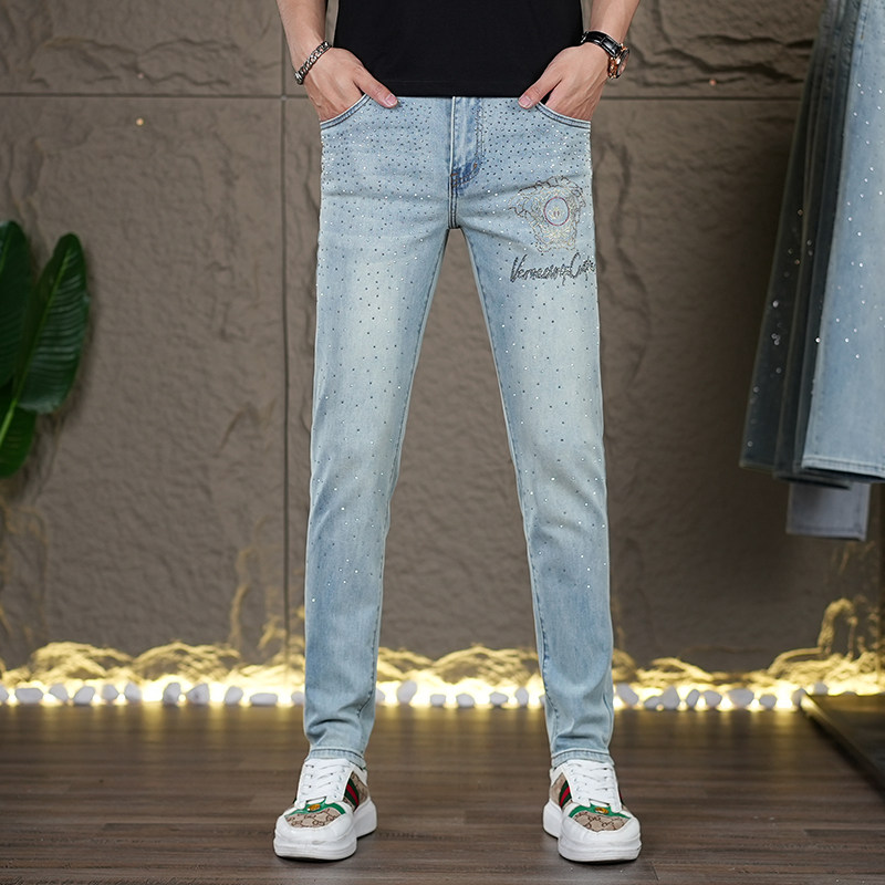 高端烫钻小脚九分男士牛仔裤