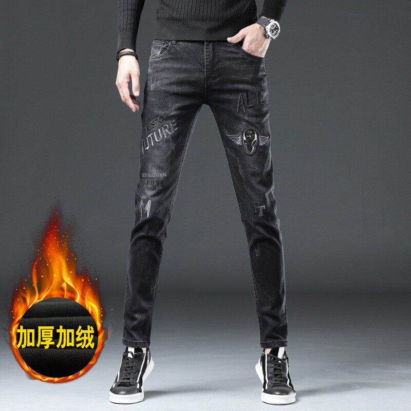 潮牌刺绣加绒牛仔裤男秋冬季加厚网红潮流弹力修身小脚休闲长裤子