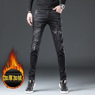 潮牌刺绣加绒牛仔裤男秋冬季加厚网红潮流弹力修身小脚休闲长裤子