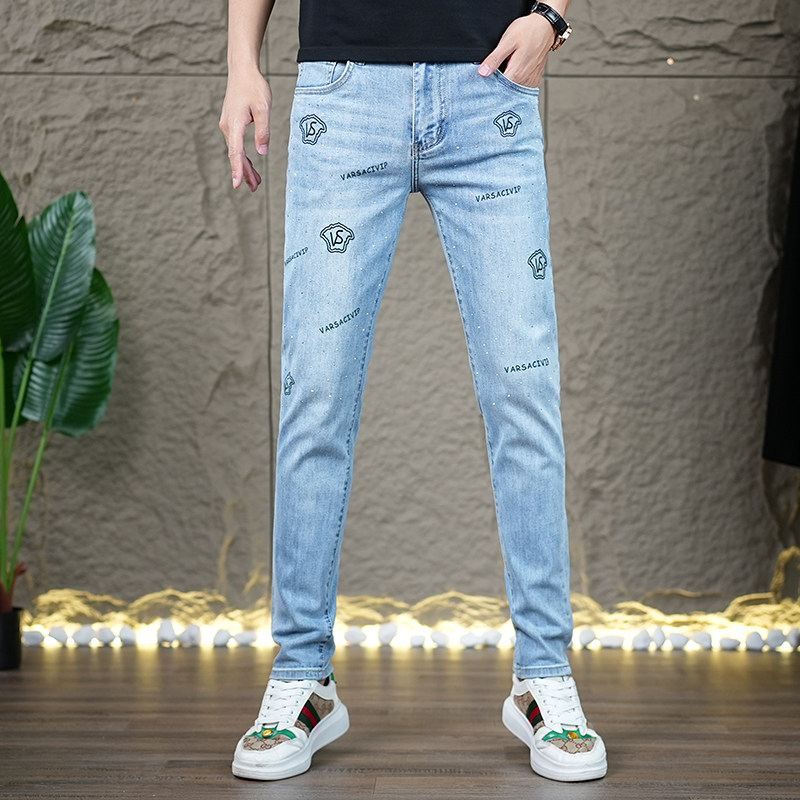 高端印花烫钻蓝色牛仔裤男款潮流弹力修身小脚时尚休闲百搭长裤子