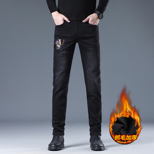 高端抓绒刺绣牛仔裤男秋冬季薄绒加厚黑色印花修身小脚长裤子潮牌