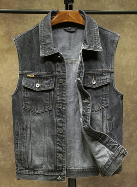 高端黑灰色牛仔马甲男春秋新款翻领无袖坎肩背心机车外套马夹褂子