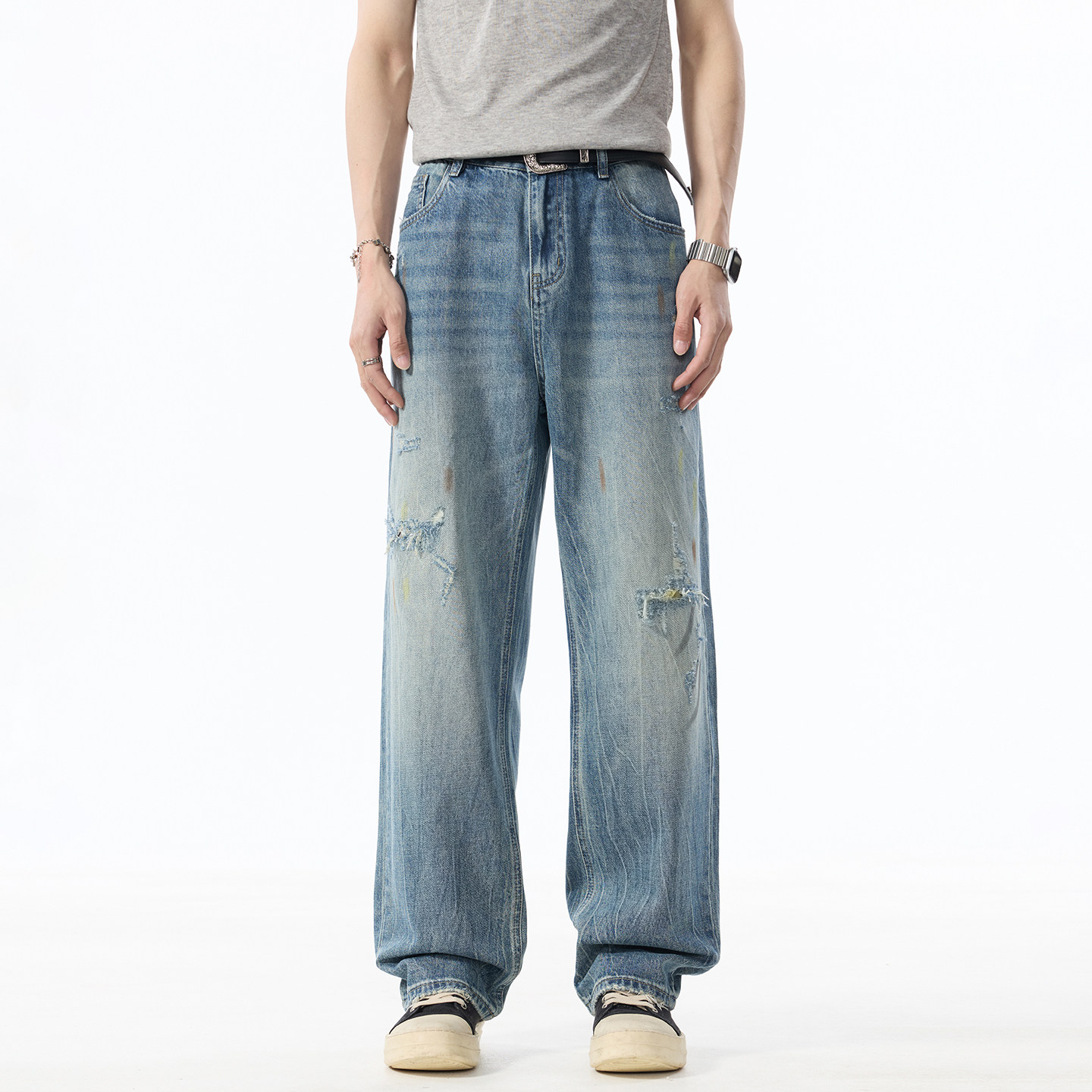美式复古水洗做旧阔腿破洞牛仔裤男款潮牌痞帅宽松直筒休闲长裤子