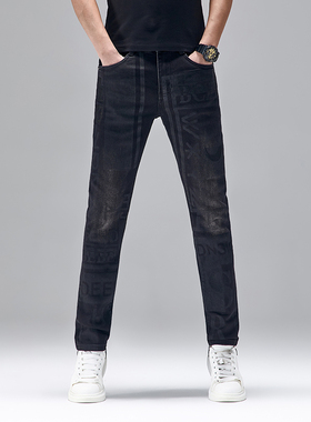 秋冬新款高端印花黑色牛仔裤男士潮牌弹力百搭修身小脚休闲长裤子