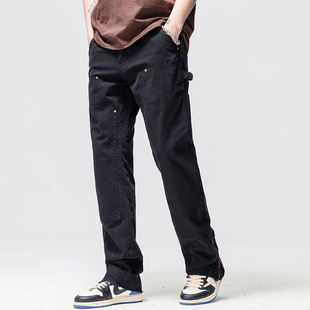 黑色工装牛仔裤男宽松直筒纯棉水洗时尚多口袋潮牌裤脚拉链加长裤