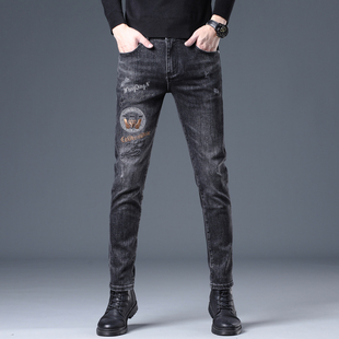高端潮牌刺绣牛仔裤男款春秋季美式高街修身小脚休闲长裤子欧洲站