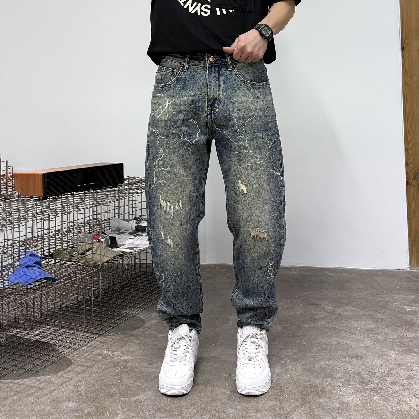 复古高街破洞宽松锥形牛仔裤男