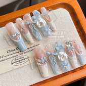 星屑绒梦格纹兔可爱穿戴甲少女风手绘长款 小红书同款 美甲贴片517