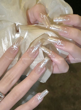 白雪公主美甲蝴蝶珍珠穿戴美甲超温柔手工可拆卸指甲甲片美甲393