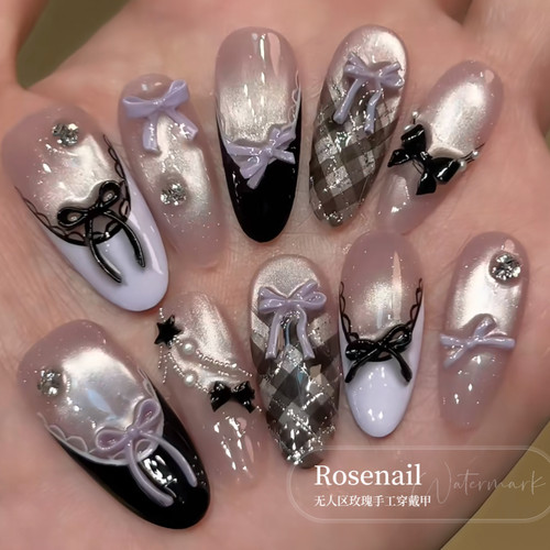 月影星锻中长款温柔蝴蝶结穿戴甲猫眼格纹可拆卸假指甲美甲502