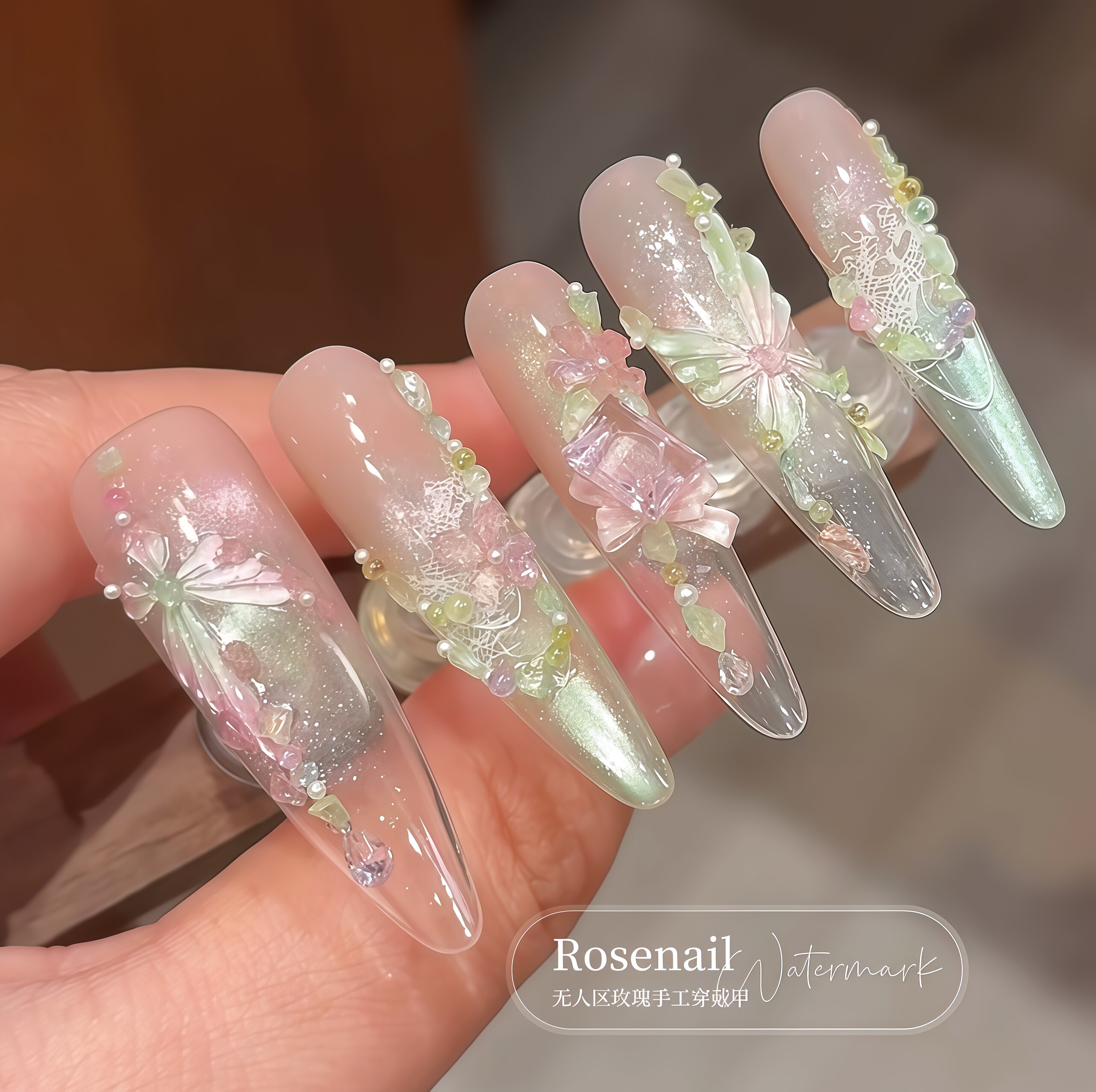 春日来信小清新猫眼蝴蝶长款穿戴甲纯手工小红书同款美甲贴片