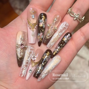 珐琅彩釉古典雕花穿戴甲高级感精致美甲贴片纯手工长款 假指甲551