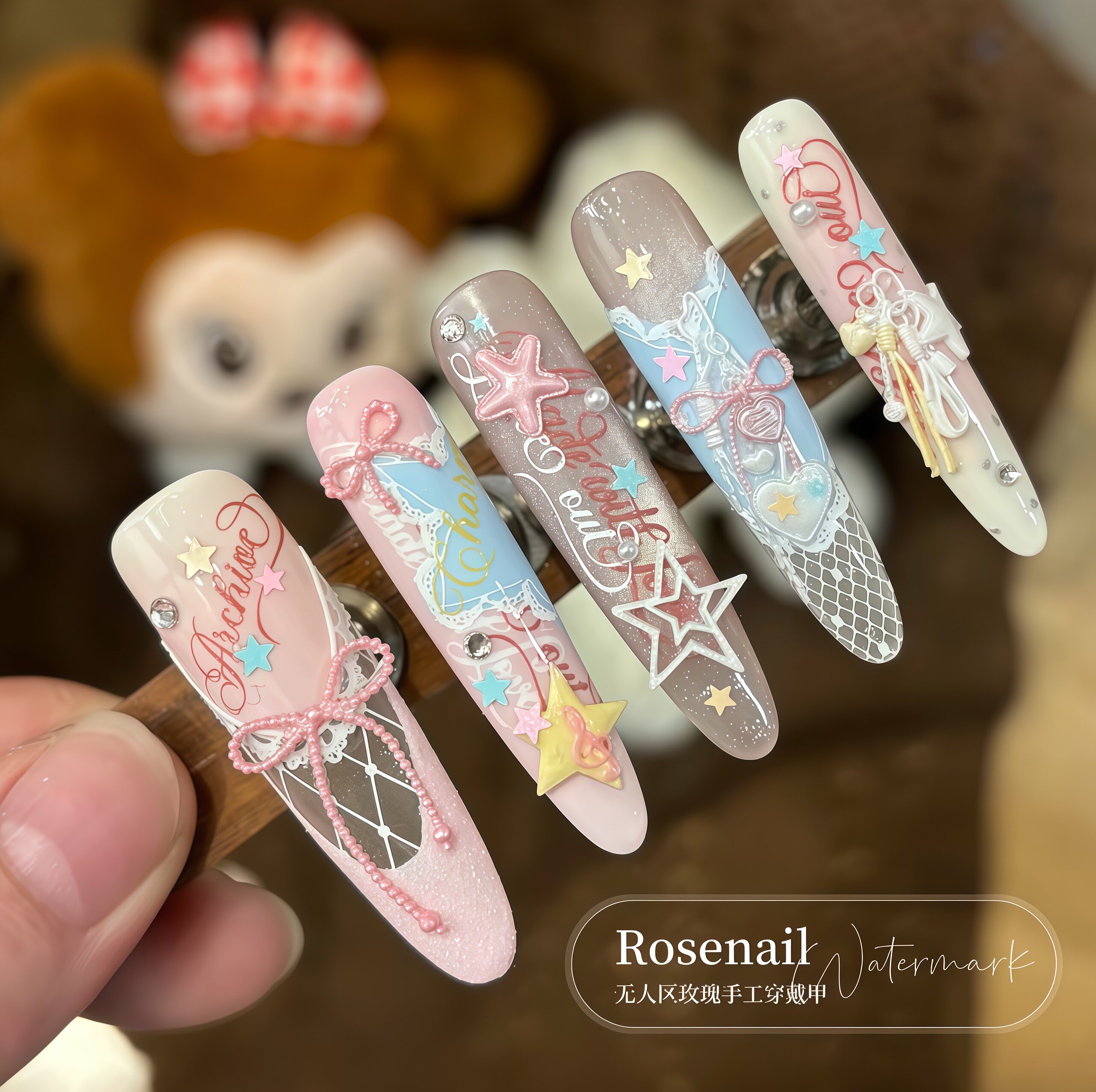 星梦马卡龙甜妹糖果色穿戴甲长款纯手工蝴蝶结可爱美甲贴片C103