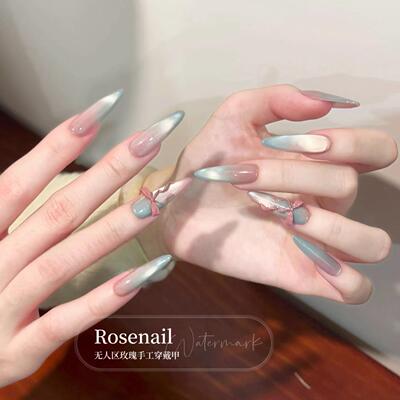 夏日薄荷绿美甲显白猫眼指甲成品