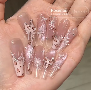 奶豹情书甜美可爱穿戴甲纯手工甜心豹纹蝴蝶结美甲贴片可拆卸545