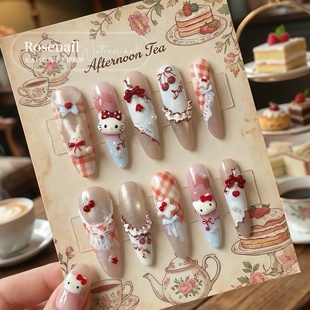 莓果慕斯Kitty猫格纹手绘纯手工穿戴甲红色显白美甲贴片可拆卸527