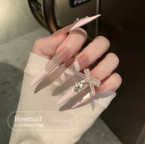 芭蕾甜梦公主风甜美法式穿戴甲长款裸色温柔美甲贴片纯手工C87
