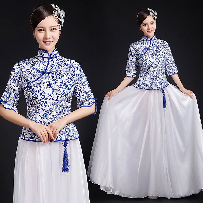 2022新款青花瓷长裙合唱服舞蹈服装古筝中国风演出服现代民族风女在类目 女装/女士精品, 唐装/民族服装/舞台服装, 民族服装/舞台装中 - 来自Buy2taobao.com提供专业的淘宝代购服务