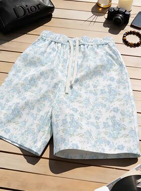 蓝色碎花速干运动短裤男夏季薄款夏威夷风外穿沙滩裤子休闲五分裤