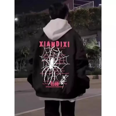 国潮美式蜘蛛字母飞行夹克男秋季新款休闲情侣高街拉链棒球服外套