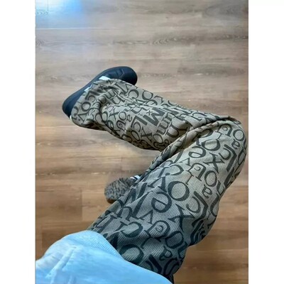 绿色美式涂鸦裤子男款秋季字母直筒卫裤潮牌hiphop提裆运动休闲裤