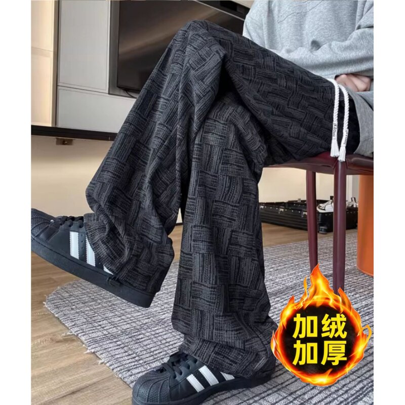 潮牌格子乱纹裤子男秋冬季垂感慵懒风长裤宽松大码直筒休闲裤新款图片