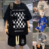 潮牌休闲运动服套装 华夫格短袖 印花新款 夏季 搭配一套帅气 t恤男士