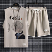 华夫格跑步青少年运动短裤 休闲背心套装 t恤夏季 冰丝无袖 潮流 男士