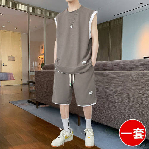华夫格冰丝休闲套装男士无袖背心t恤夏季大码宽松运动短裤两件套