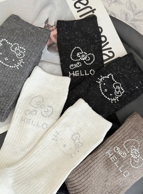 【2双包邮】欧货秋冬新款AB面卡通烫钻Kt猫蝴蝶结亮闪银丝中筒袜