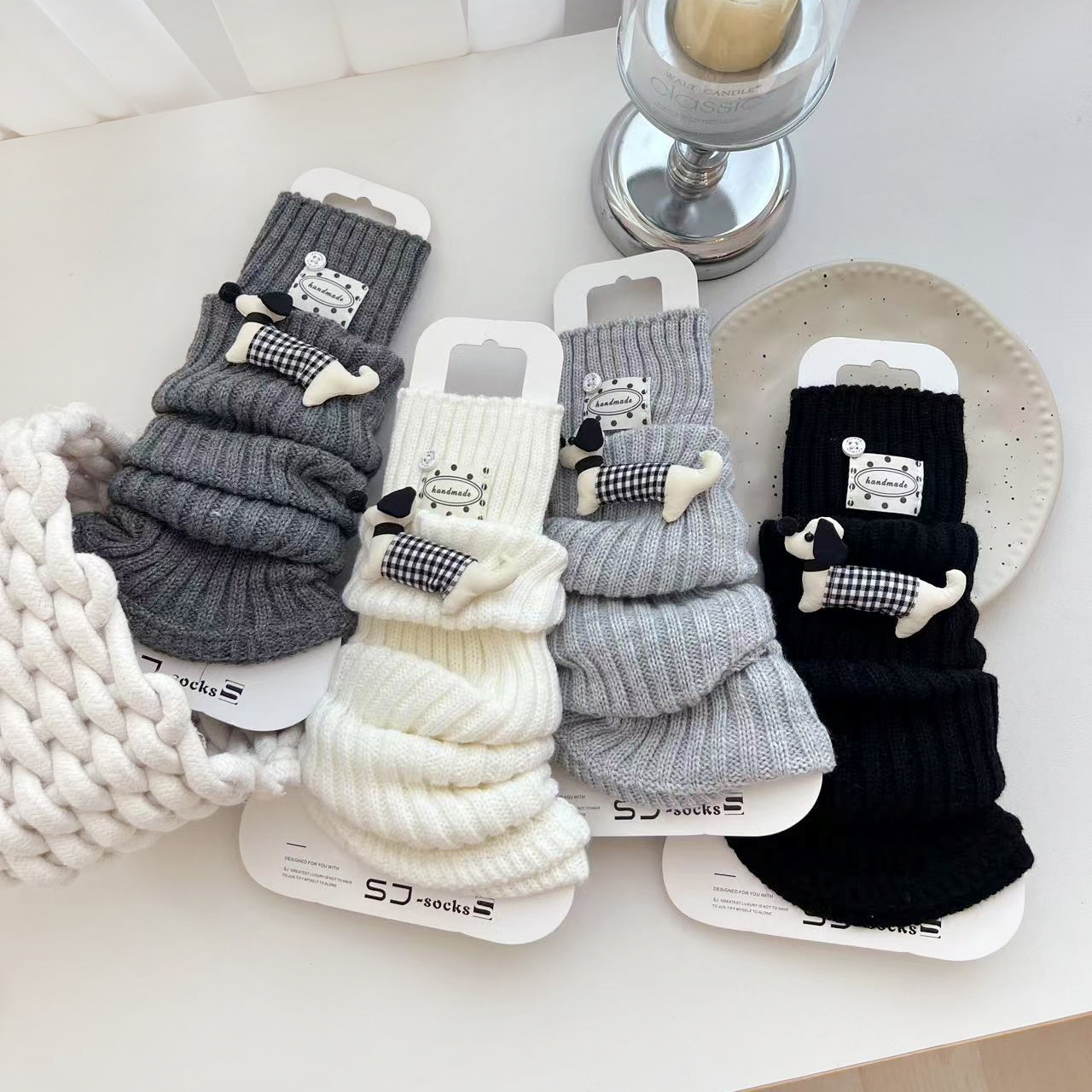 【2双包邮】AB版卡通立体小狗布标字母纽扣小腿套秋冬堆堆袜套女