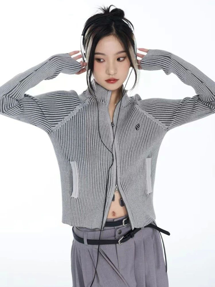 美式复古刺绣毛衣女2025年秋冬纯欲辣妹修身显瘦双头拉链针织开衫