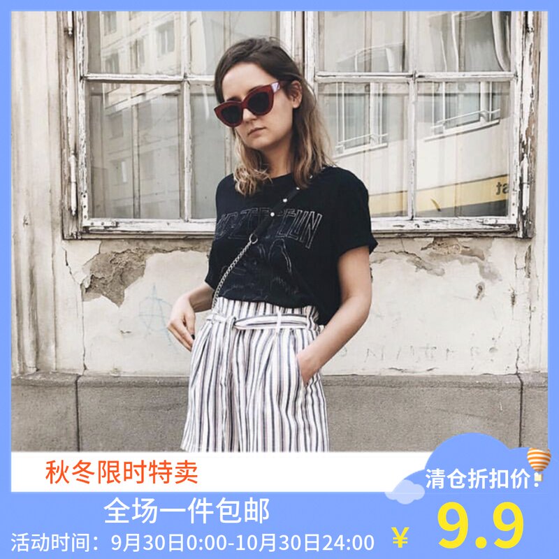 Vintage Tang系带竖条纹松紧休闲短裤女高腰宽松阔腿热裤搪唐柒在类目 女装/女士精品, 裤子, 休闲裤中 - 来自Buy2taobao.com提供专业的淘宝代购服务
