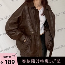 VintageTang美式复古棕色夹棉加厚皮衣外套棉服女冬季美拉德壕叁D