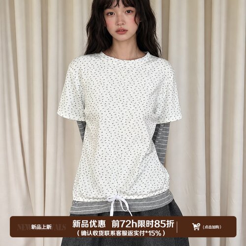 【10.27新品优惠72h】假两件碎花条纹长袖t恤女宽松复古上衣發F