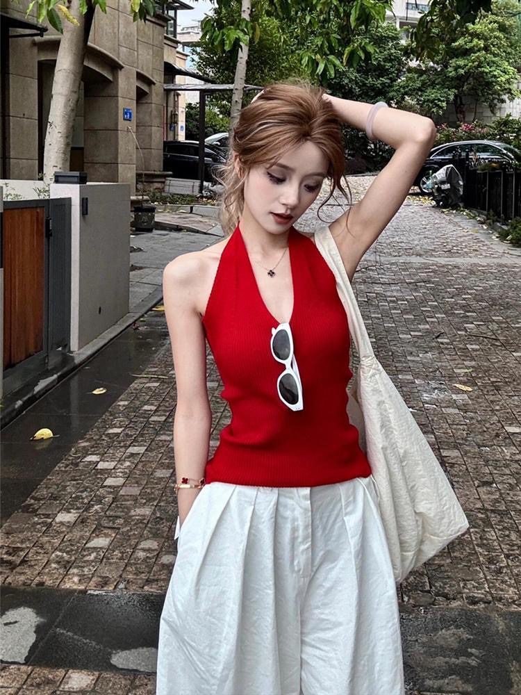 性感美背v领绑带挂脖背心女夏季修身辣妹外穿设计感短款红色上衣