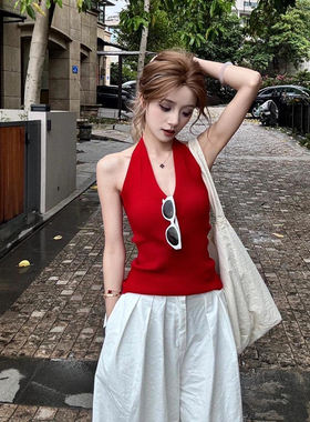 性感美背v领绑带挂脖背心女夏季修身辣妹外穿设计感短款红色上衣