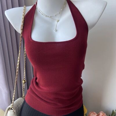 港味复古酒红挂脖遮副乳背心削肩显瘦弹力方领吊带小众设计上衣女