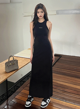 辣妹修身黑色吊带吊带裙女夏气质韩版御姐后妈开叉包臀长裙子