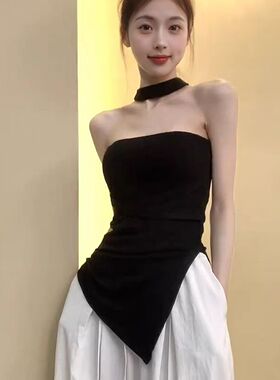 黑色辣妹吊带外穿背心夏季新款性感不规则无袖修身抹胸显瘦上衣