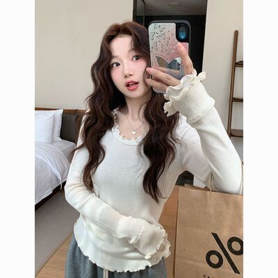 法式双层木耳边圆领甜美优雅长袖T恤女秋季新款修身显瘦气质上衣