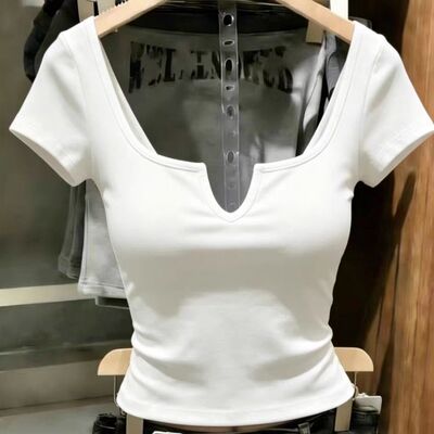 纯欲方领短袖t恤女夏季甜辣妹不规则纯色修身显瘦性感上衣