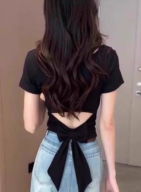 轻奢高级感露后背绑带蝴蝶结短袖t恤女夏季新款圆领黑色显瘦上衣