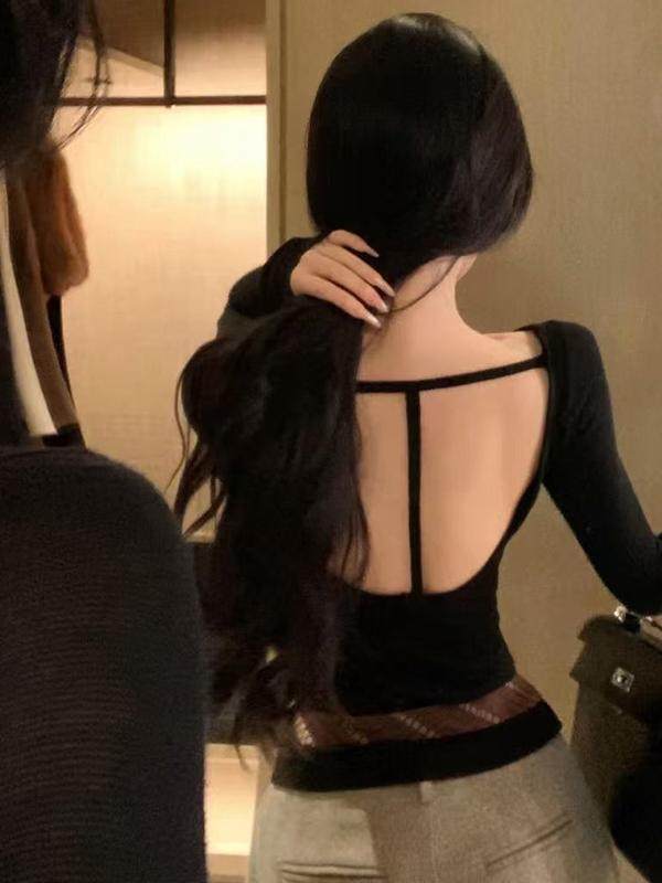 韩系设计感小众露背拼接长袖T恤女秋季新款修身显瘦百搭打底上衣