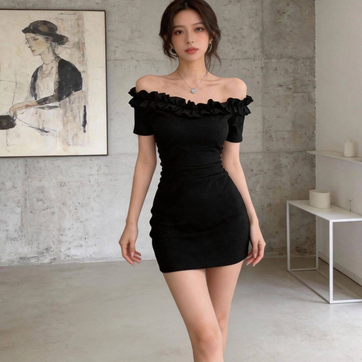 2026新款一字肩连衣裙女夏季高级感轻奢精致性感聚会礼服裙子