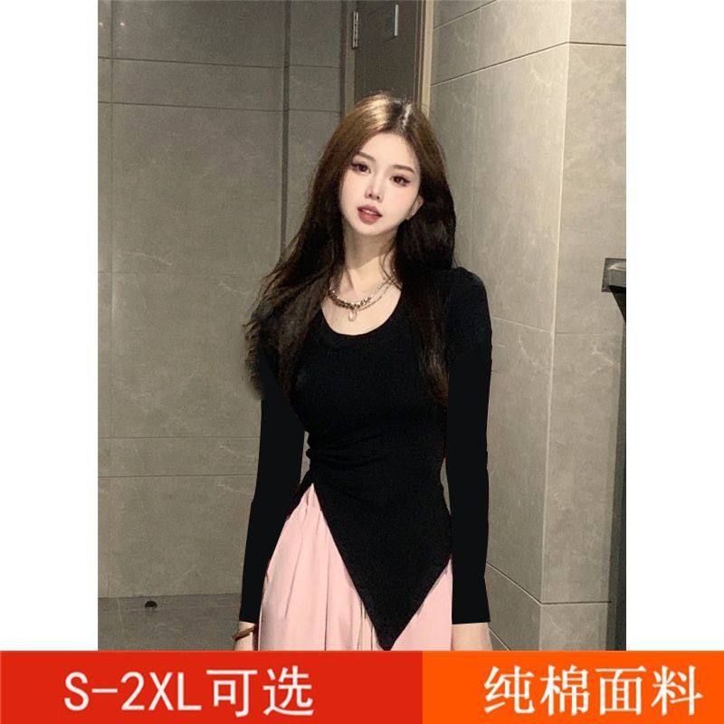 港味不规则上衣女开叉秋冬辣妹纯欲心机小众黑色圆领长袖t恤ins潮